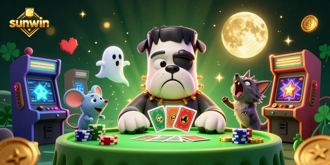 Engage with sunwin's thrilling card game scene featuring a fun 3D Frankenstein bulldog at the table.