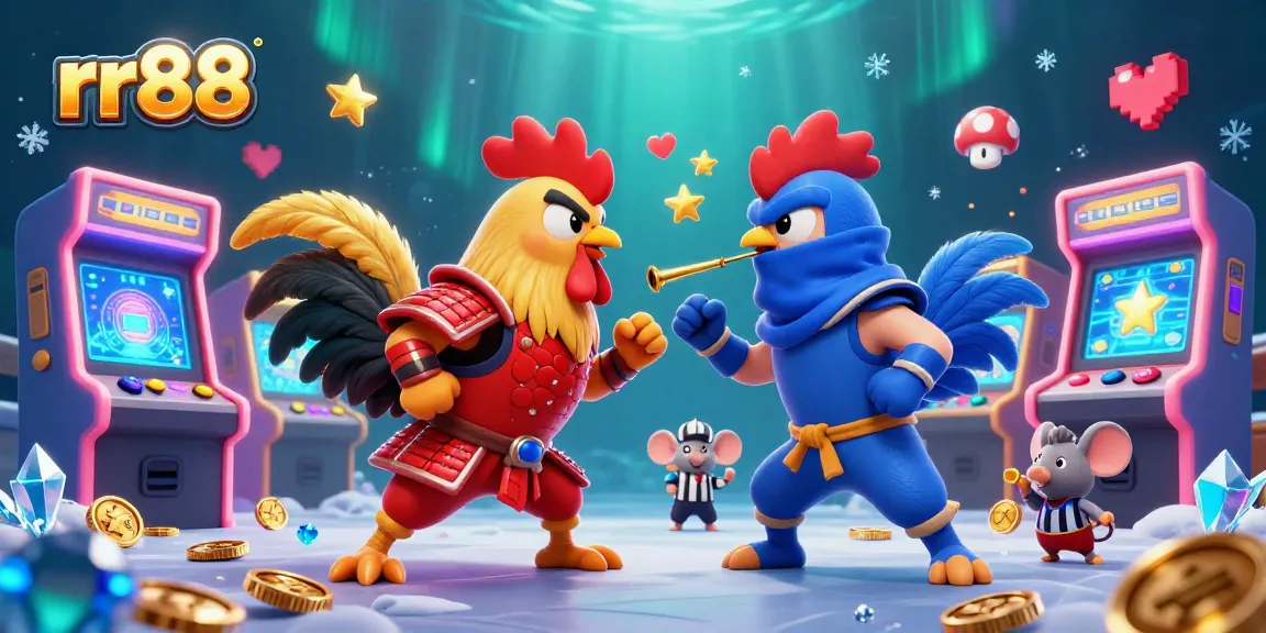 Engage with rr88's thrilling rooster showdown amidst vibrant game elements and casino energy.